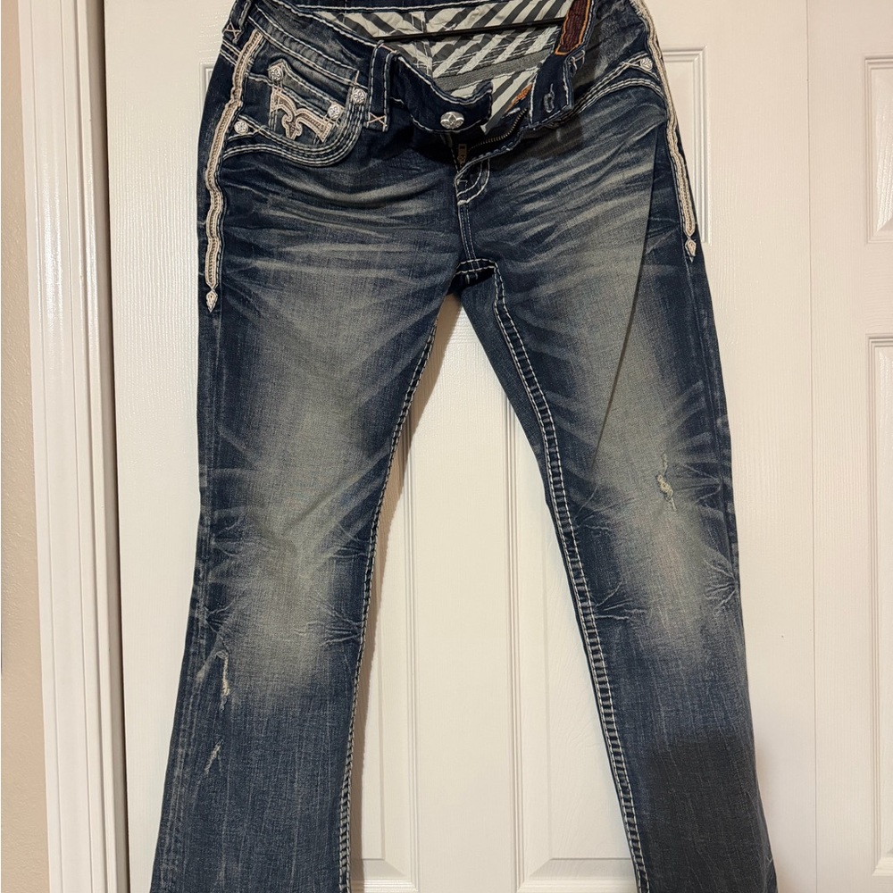 Rock Revival Blue Faded Flare Jeans with White Stitching